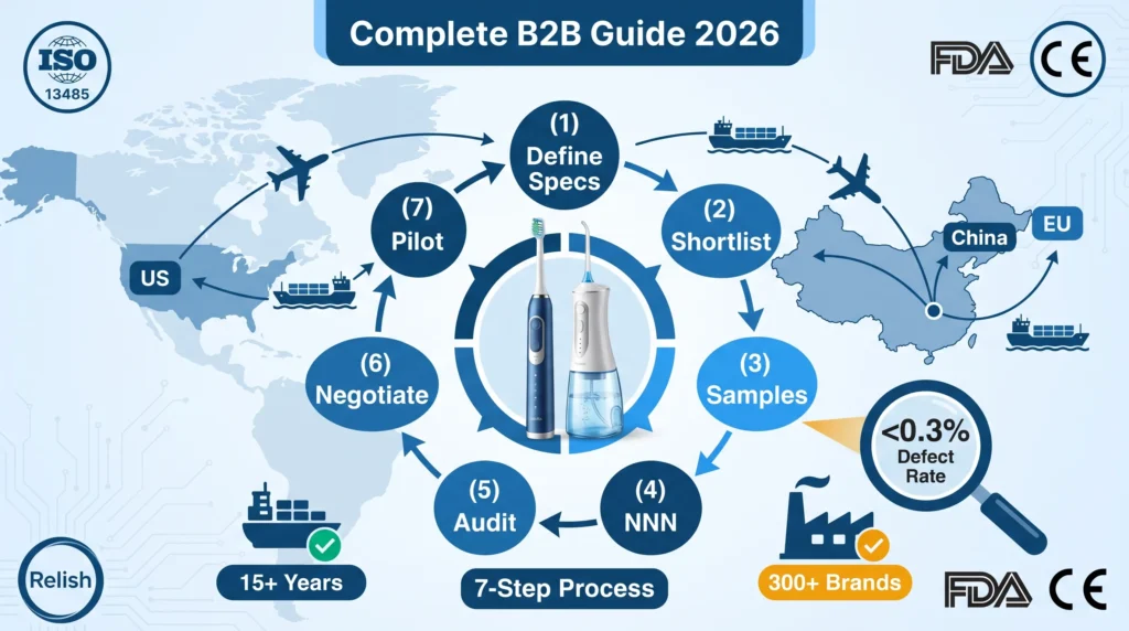 Beschaffung von Mundpflegeprodukten aus China - ein vollständiger B2B-Leitfaden mit einer Infografik, die den 7-stufigen Prozess der Fabrikauswahl, Zertifizierungen, IP-Schutz und Qualitätskontrolle für OEM-Marken zeigt