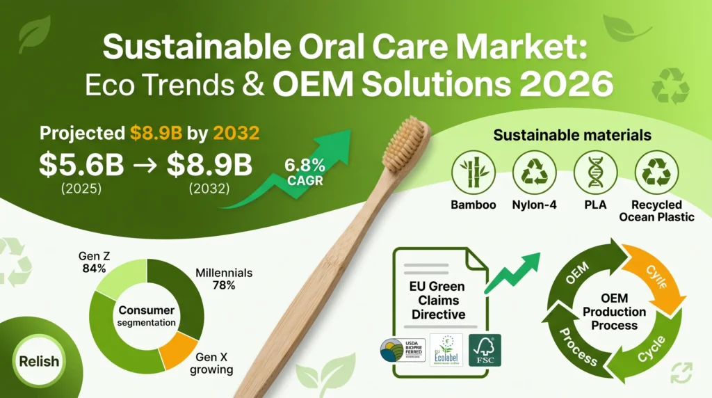 Sustainable oral care market infographic showing 8.9 billion projection 6.8 percent CAGR and eco-friendly materials analysis