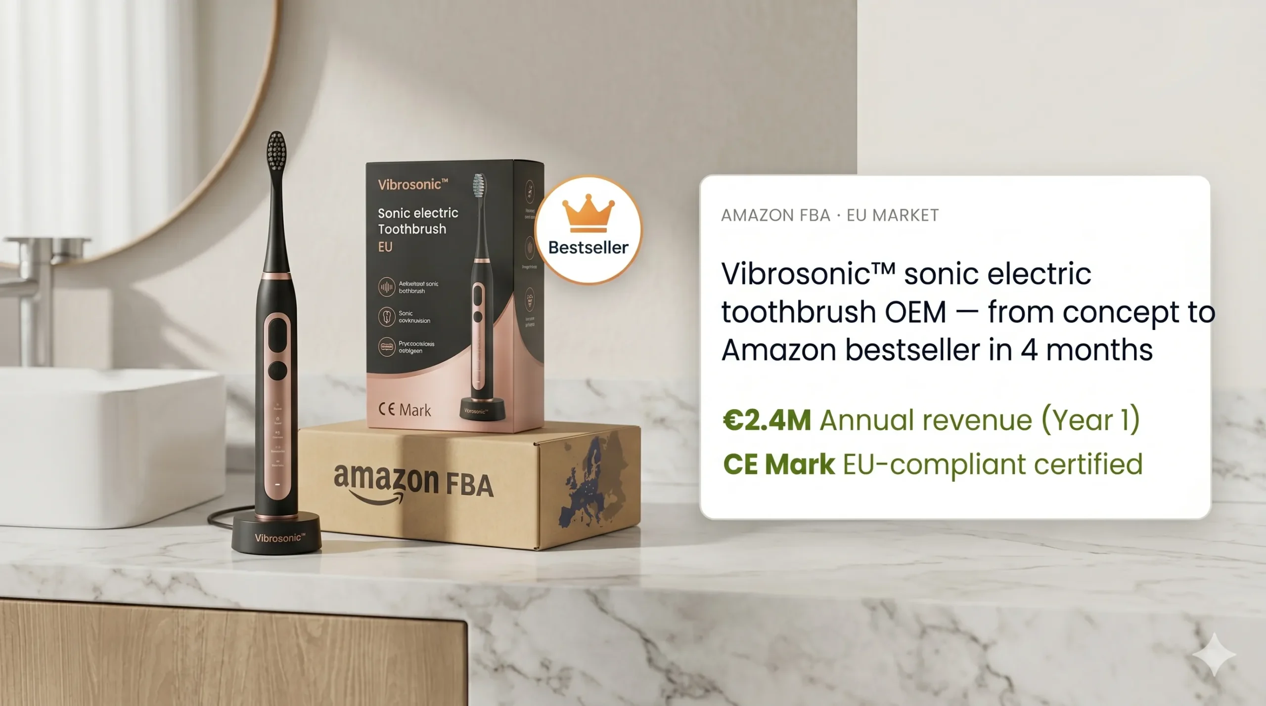 A product display on a marble countertop showcasing a black and rose gold sonic electric toothbrush on a charging base, its retail packaging marked with CE Mark, and an Amazon FBA shipping box with a map of Europe next to a data board.