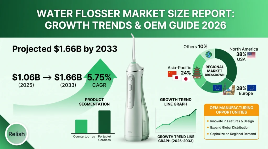 Water flosser market size report infographic showing 1.66 billion projection 5.75 percent CAGR and regional market breakdown