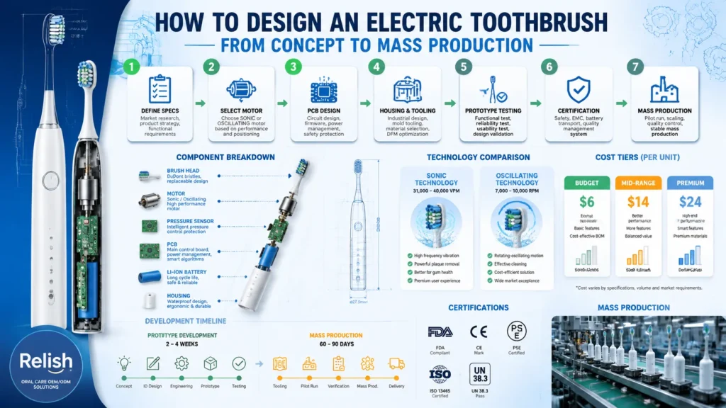 Electric toothbrush design infographic showing 7-step process from concept to mass production with components costs and certifications
