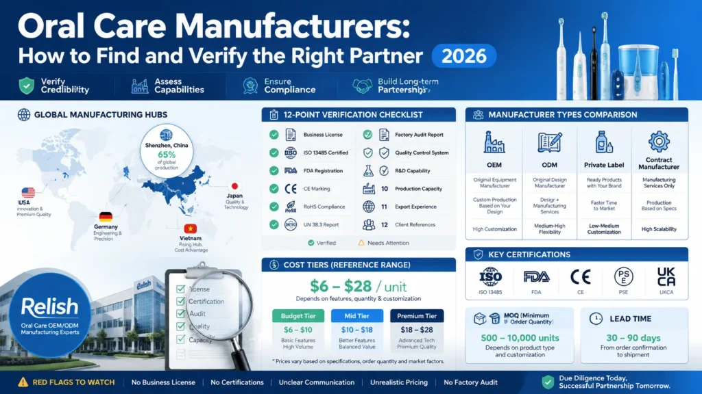Oral care manufacturers guide infographic showing how to find verify and select OEM partners with ISO 13485 FDA CE certifications