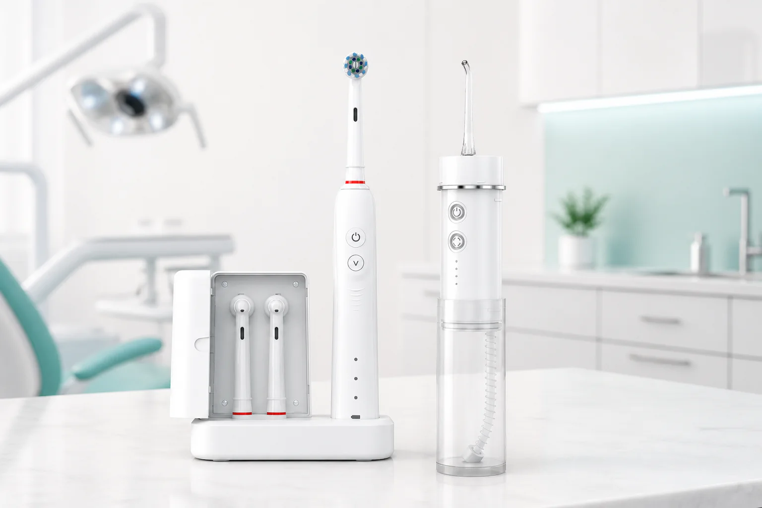 Professional oral care product selection in a clean dental consultation setting.