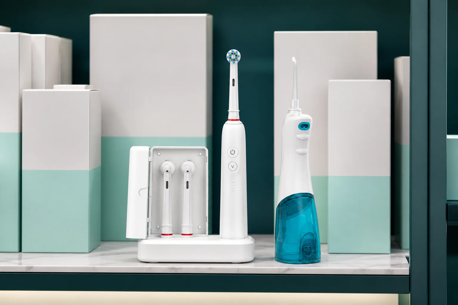 Retail-ready oral care products displayed in a premium retail presentation.