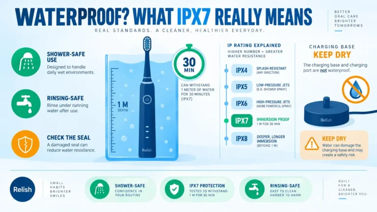 Infographic explaining the IPX7 rating on an electric toothbrush: a handle submerged to 1 metre for 30 minutes, an IPX4 to IPX8 rating ladder, and a keep-dry warning for the charging base.