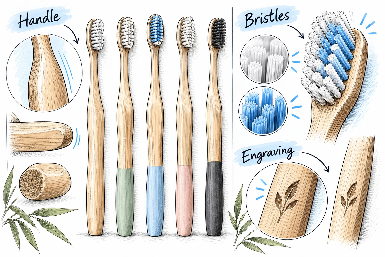 Illustration of bamboo toothbrush handle finishes, bristle samples and engraving options.