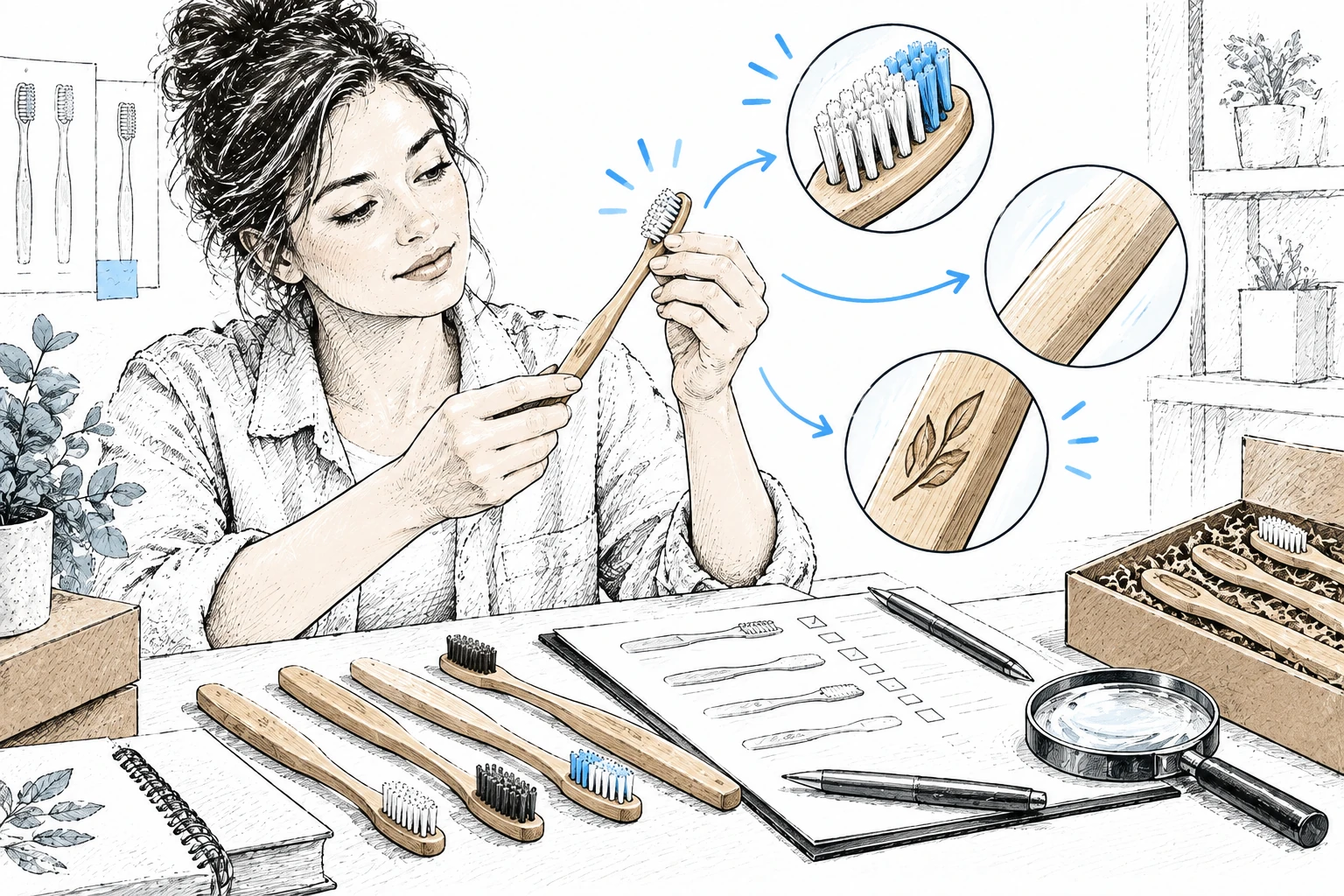 Illustration of a reviewer inspecting bamboo toothbrush bristles, handle finish and engraving.