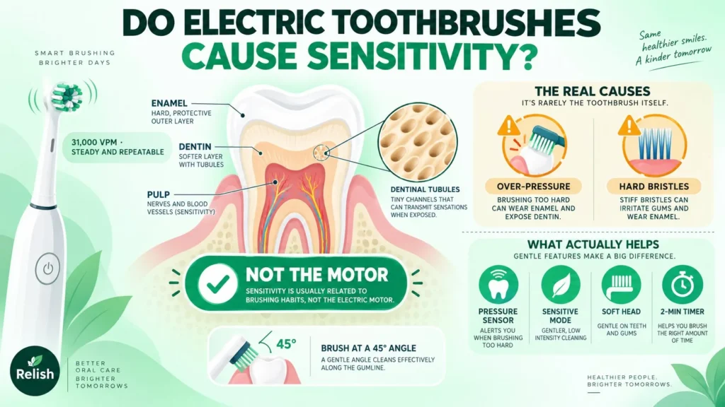Infographic explaining that electric toothbrushes do not cause tooth sensitivity, showing a tooth cross-section with exposed dentin tubules and the pressure sensor, sensitive mode and soft head that help.