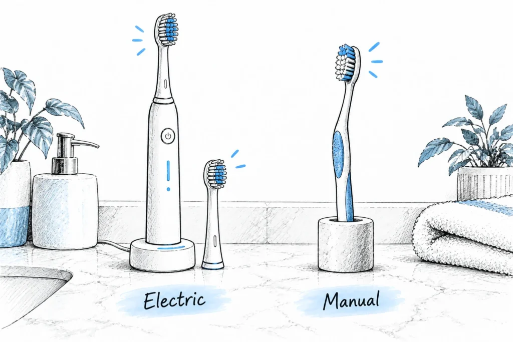 Concept illustration comparing an electric toothbrush, charging base and replacement head with a manual toothbrush.
