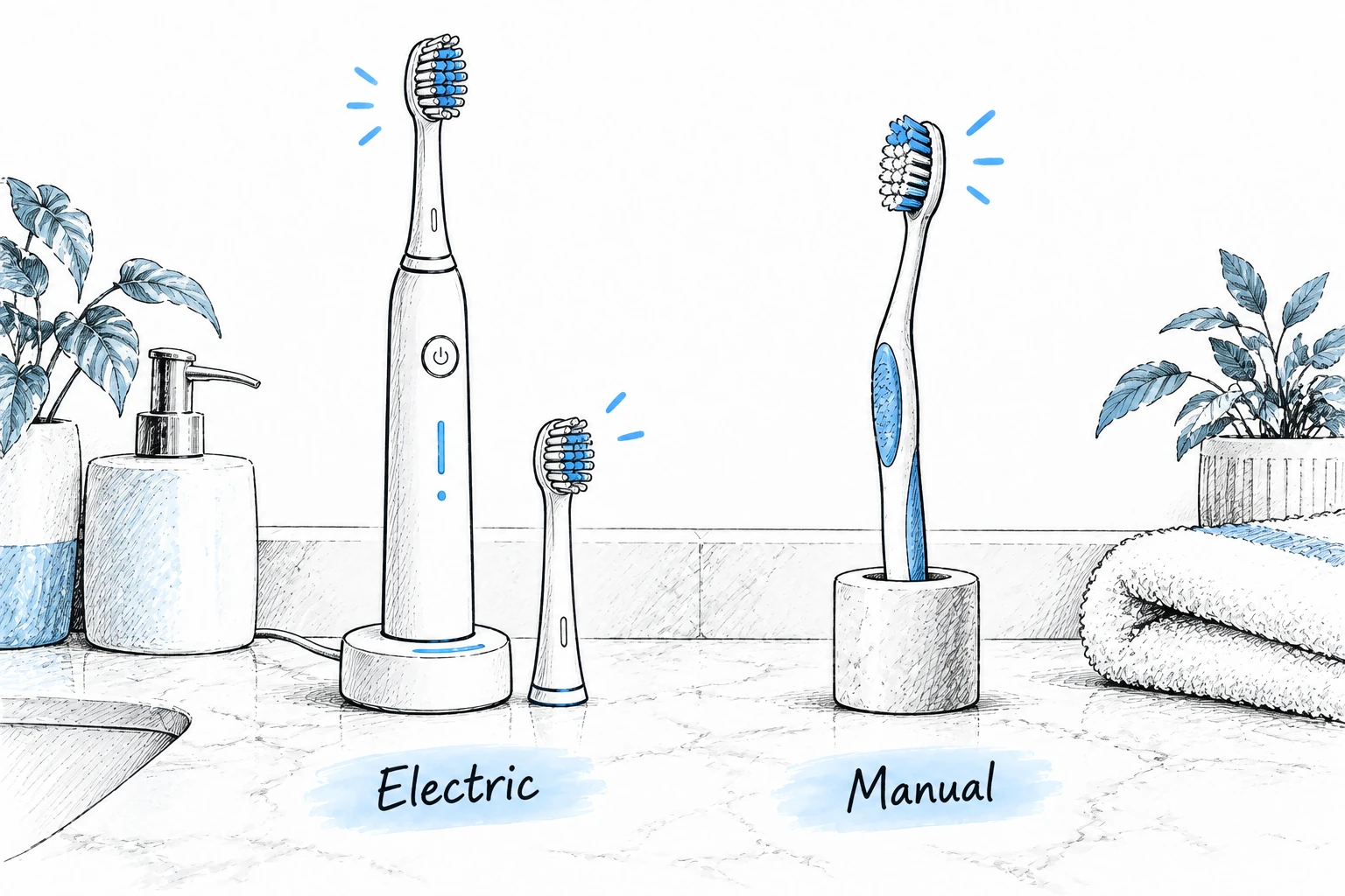 Illustration comparing an electric toothbrush with a charging base and replacement head to a manual toothbrush.