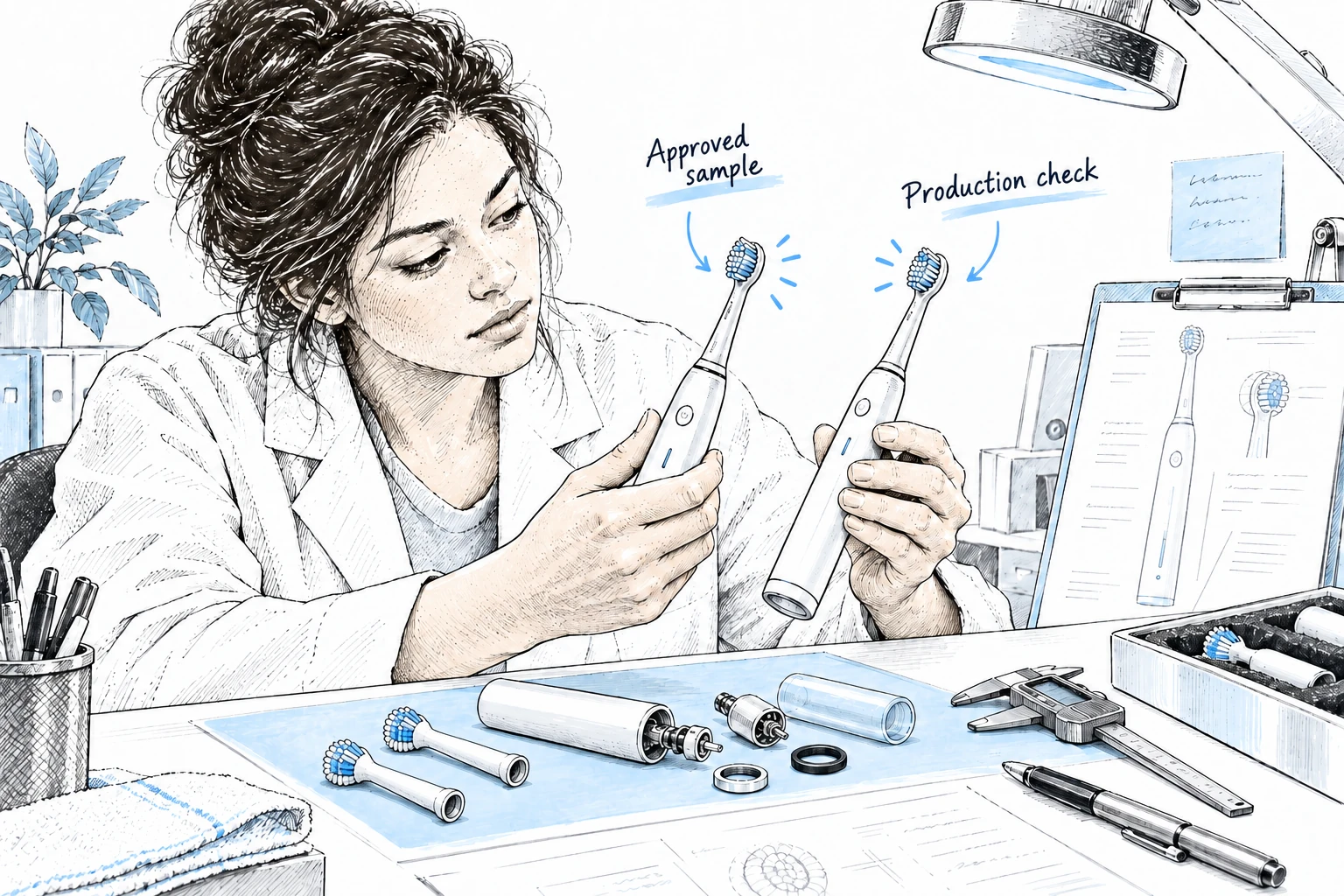 An inspector compares an electric toothbrush production unit and its components with an approved reference sample.