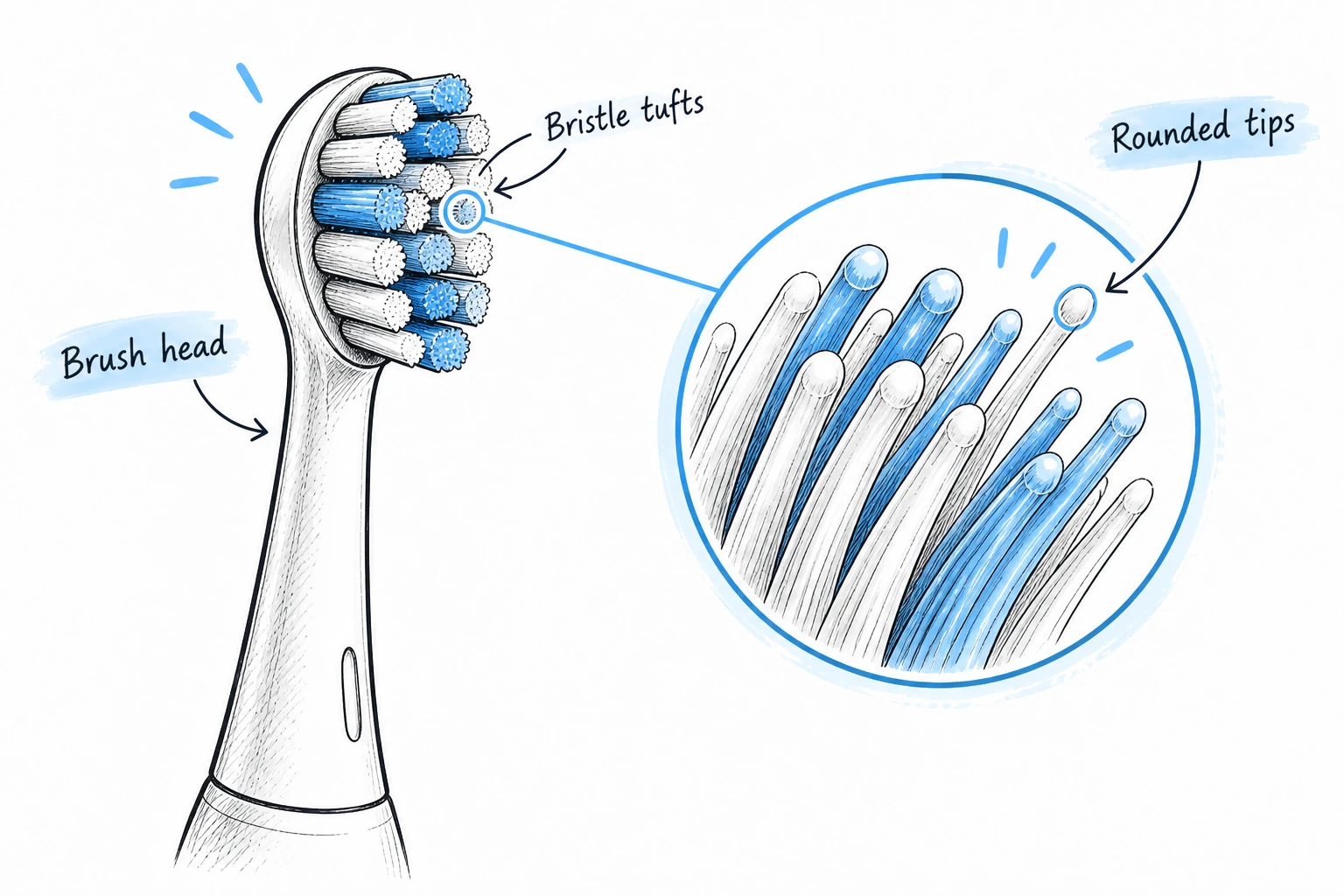 Conceptual illustration of a compact toothbrush head with magnified bristle tufts and rounded filament tips.