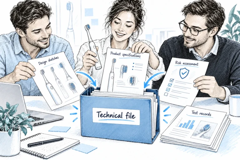 Concept illustration of an oral-care product team organizing design sketches, product specifications, risk assessments and test records into a technical file.
