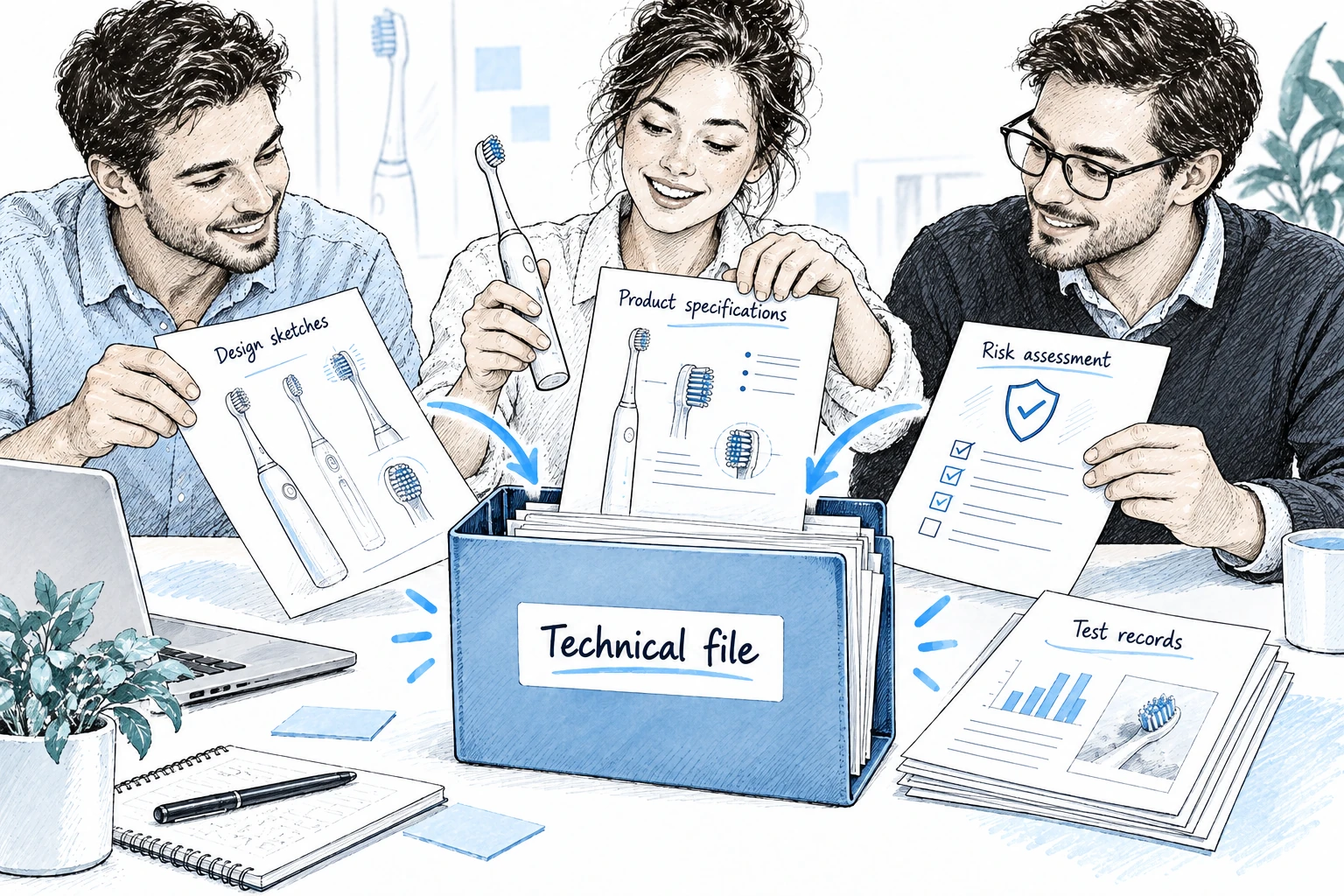 Ein Mundpflegeprodukt-Team organisiert Zahnbürstenspezifikationen, Konstruktionszeichnungen und Testaufzeichnungen in einer technischen Datei.