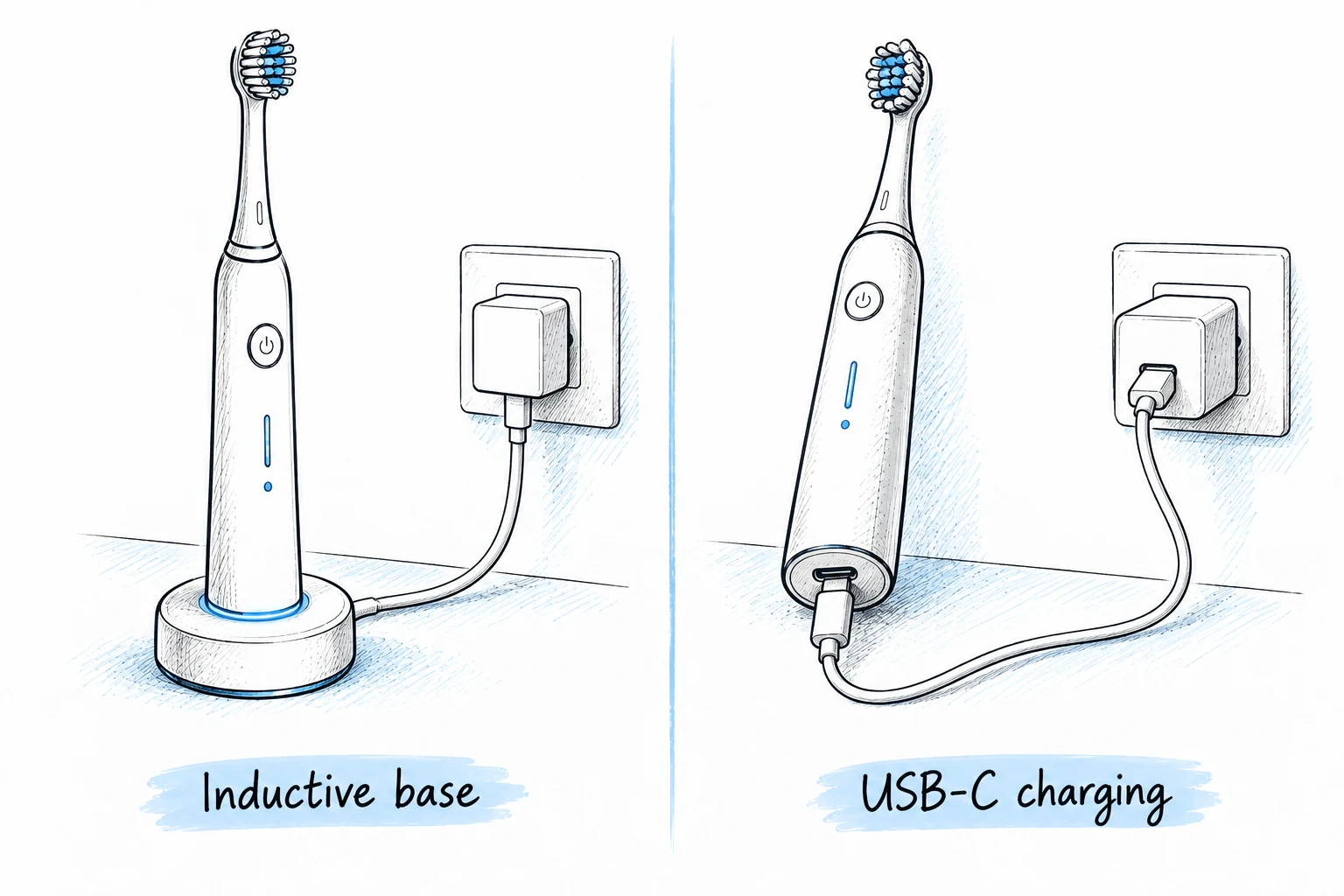Illustration comparing an electric toothbrush on an inductive charging base with a USB-C charging design.