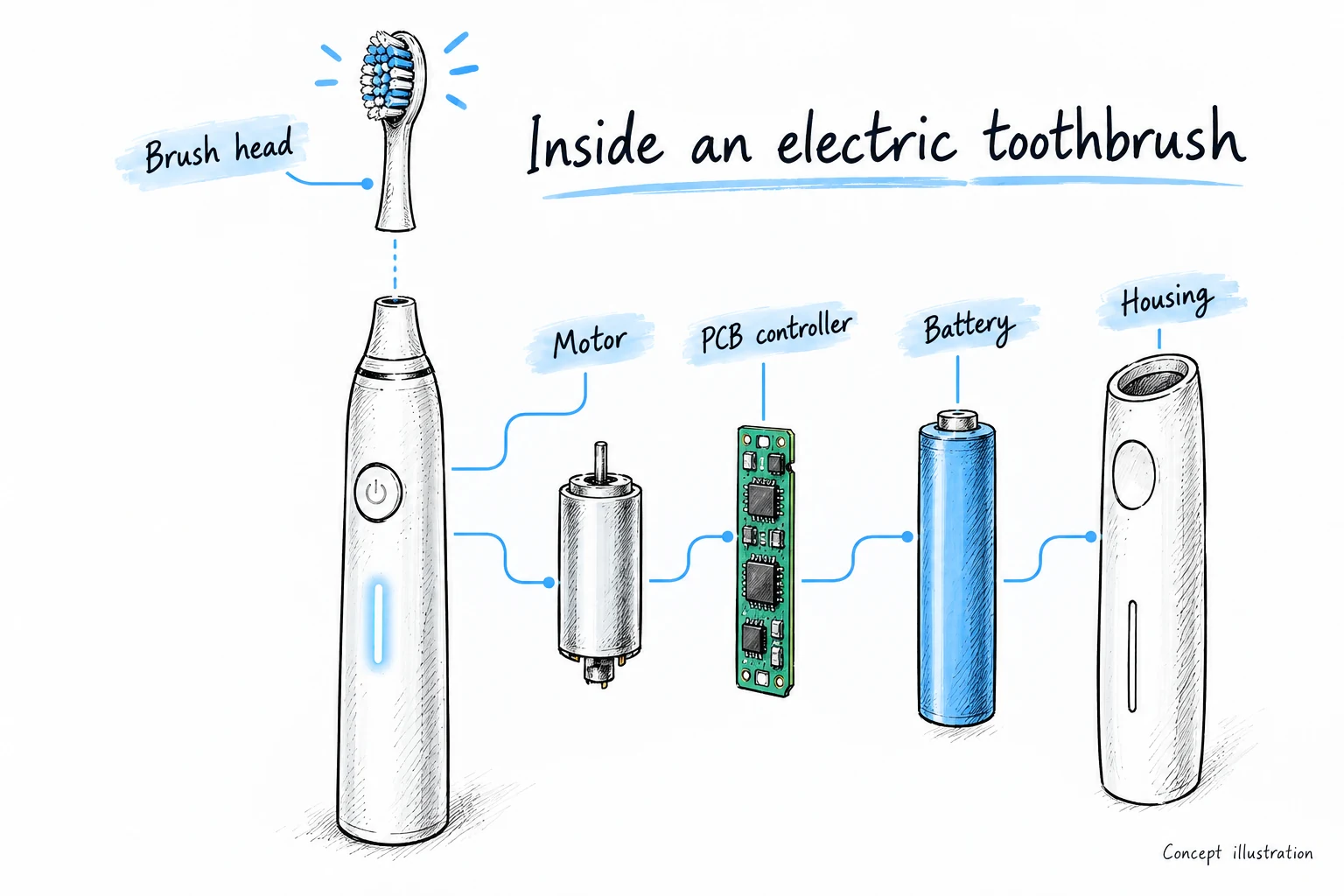 Concept sketch of an electric toothbrush with its brush head, motor, PCB controller, battery and housing.