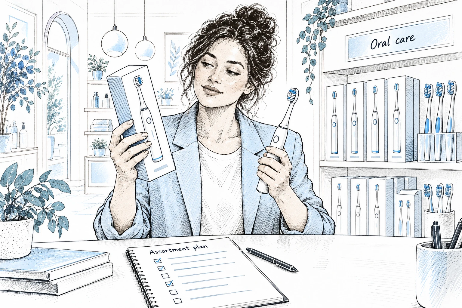 Illustration of a retail buyer reviewing electric toothbrush samples and shelf packaging.