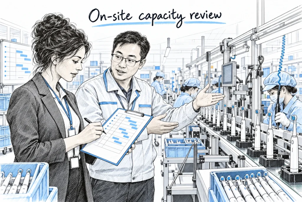Concept illustration of an on-site electric toothbrush factory audit, reviewing assembly equipment and production schedules.