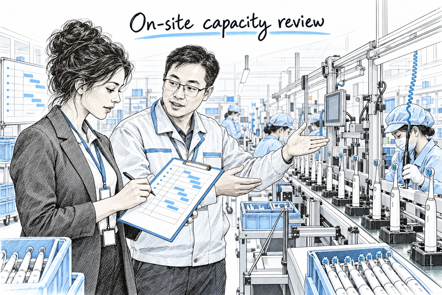 An auditor and factory representative review a toothbrush assembly line alongside equipment and production schedule records.