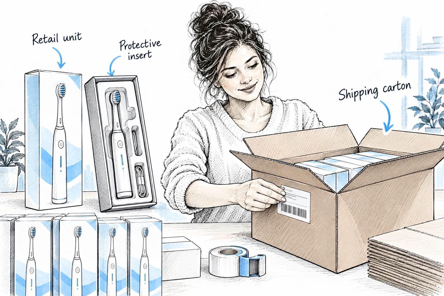 Illustration of electric toothbrush retail packaging, protective inserts and shipping carton preparation.