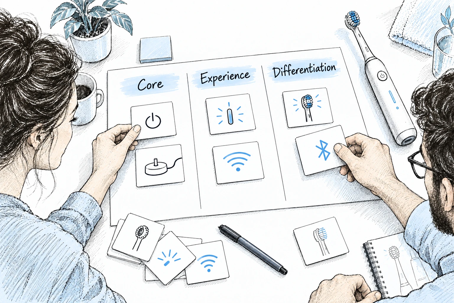Illustration of a product team sorting electric toothbrush feature cards into core, experience and differentiation groups.