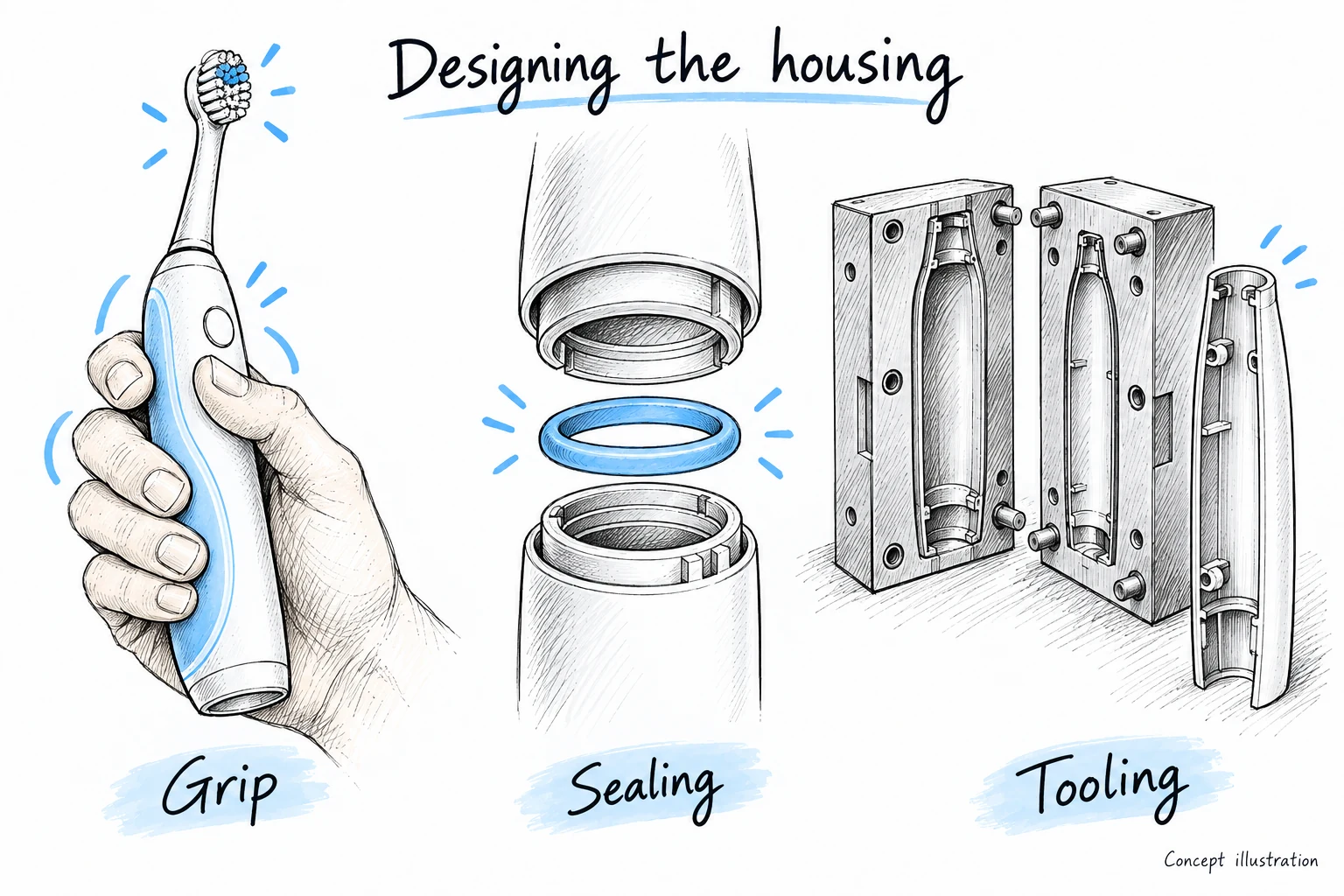 Hand-drawn concepts of an electric toothbrush grip, a sealing ring between housing parts and an injection mold.