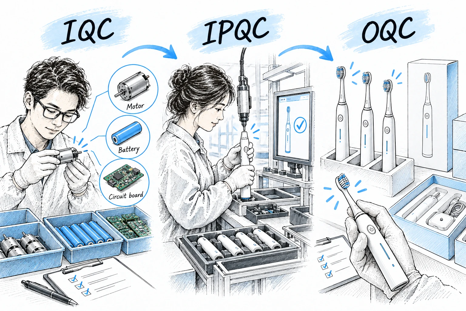 Illustration of incoming component checks, in-process toothbrush assembly checks and outgoing product and packaging checks.