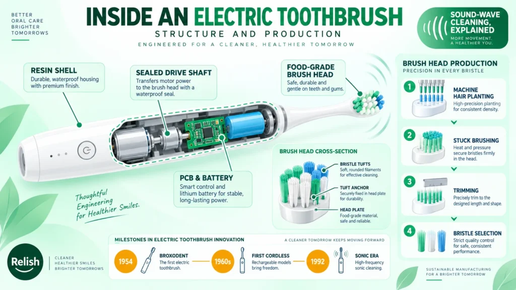 Flat cutaway infographic of an electric toothbrush showing its internal structure — resin shell, sealed drive shaft, PCB and battery, and food-grade brush head — plus the head production steps and a 1954 to 1992 milestone strip.