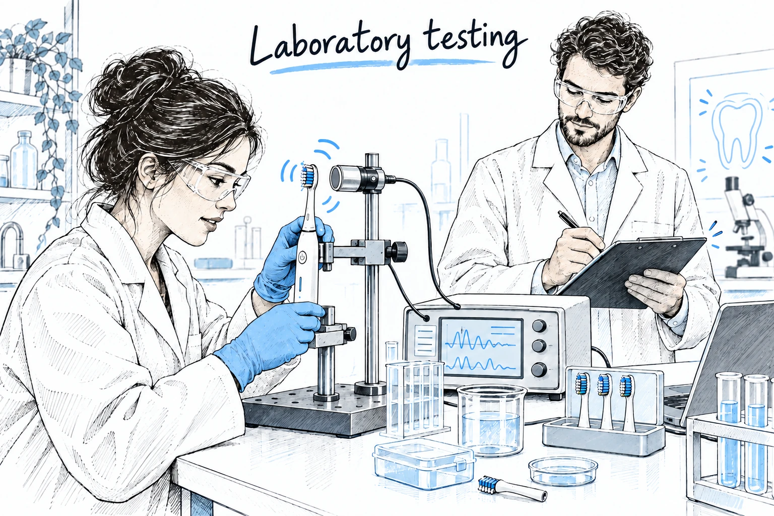 Ein Labortechniker arbeitet mit einem elektrischen Zahnbürstenmuster und Testgeräten, während ein Kollege Beobachtungen aufzeichnet.