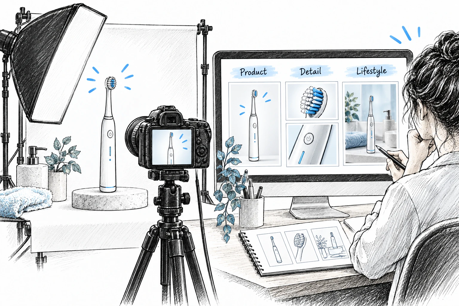 Illustration of an electric toothbrush photography setup and product listing image layout.