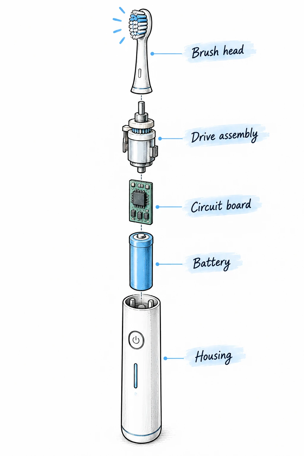 Conceptual exploded illustration of an electric toothbrush with its brush head, drive assembly, circuit board and battery.