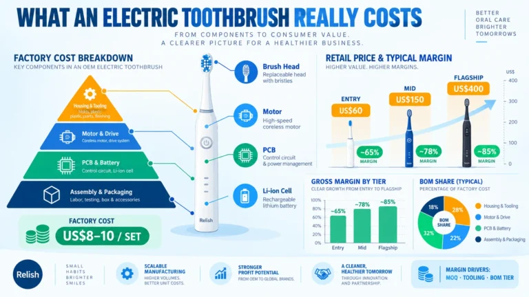 Flat infographic breaking down electric toothbrush manufacturing cost: a factory cost band of US$8 to 10 per set, a BOM donut split across housing, motor, PCB and battery, and a retail price ladder from US$60 to US$400.