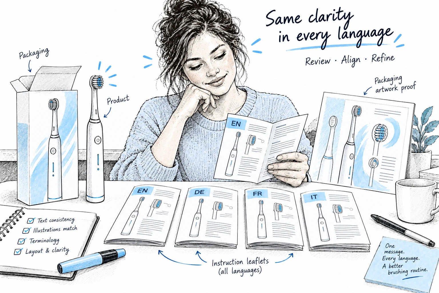 Illustration of a reviewer checking electric toothbrush packaging artwork and EN, DE, FR and IT instruction leaflets.