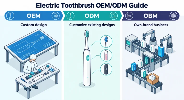 Electric toothbrush OEM/ODM guide cover comparing custom design, existing-design customization and own-brand operations.