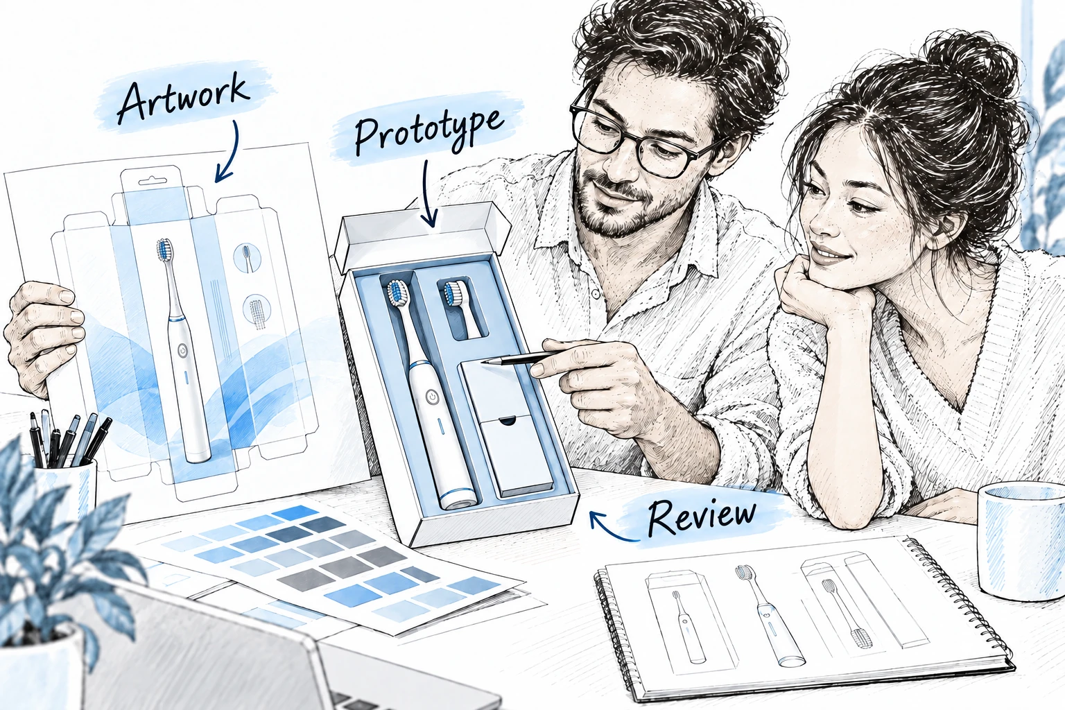 Illustration of a team comparing an electric toothbrush packaging prototype with its artwork and review notes.