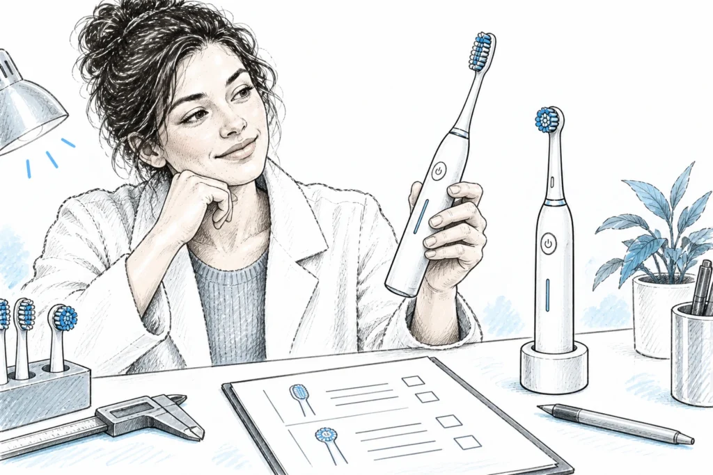 Illustration of an engineer comparing sonic and oscillating-rotating toothbrush samples at a test bench.