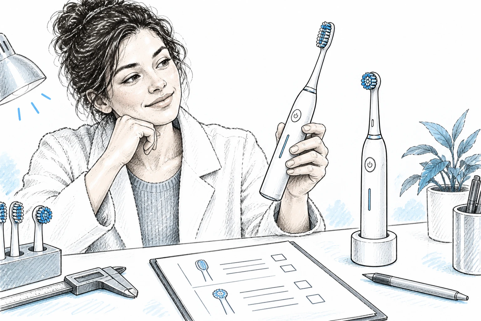 Illustration of an engineer comparing sonic and oscillating-rotating toothbrush samples at a test bench.