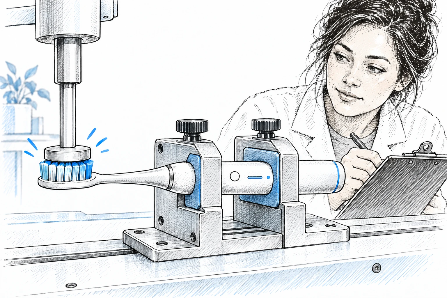 Illustration of a technician checking a toothbrush's pressure indicator using a test fixture.