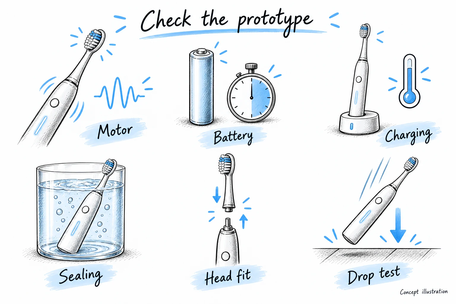 Six concept sketches showing motor, battery, charging, sealing, brush head fit and drop checks for a toothbrush prototype.