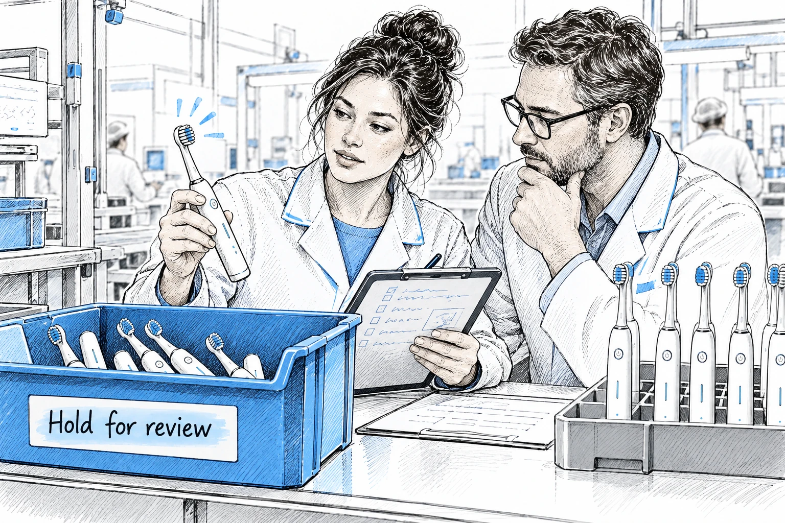 A quality team separates an electric toothbrush unit for review and documents the issue beside a clearly identified hold area.