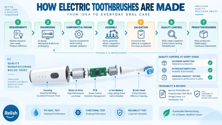Flat infographic of the electric toothbrush manufacturing workflow, showing seven stages from requirements and engineering through assembly and validation to quality control, with an exploded view of housing, motor and PCB.