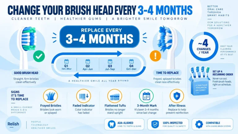 Infographic showing a toothbrush head replacement schedule of every 3 to 4 months, with healthy versus frayed bristles, five replacement signs, and an about four changes per year ring.