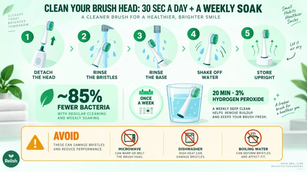 Infographic of a five-step routine to clean an electric toothbrush head, plus a weekly 20-minute hydrogen peroxide soak and an avoid strip for microwave, dishwasher and boiling water.