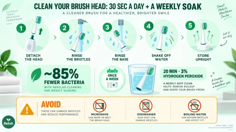 Infographic of a five-step routine to clean an electric toothbrush head, plus a weekly 20-minute hydrogen peroxide soak and an avoid strip for microwave, dishwasher and boiling water.
