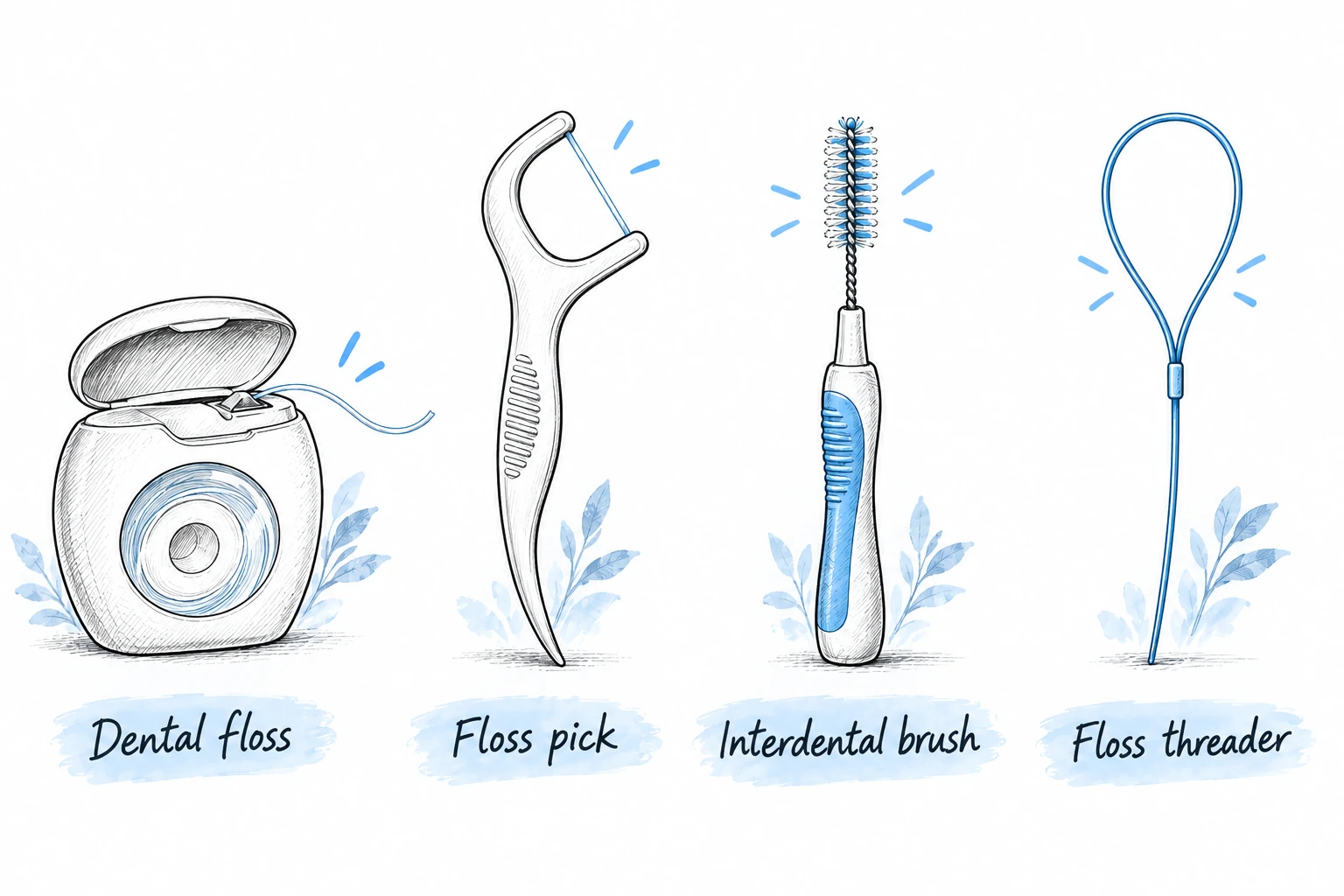 Illustration comparing dental floss, a floss pick, interdental brushes and a floss threader.