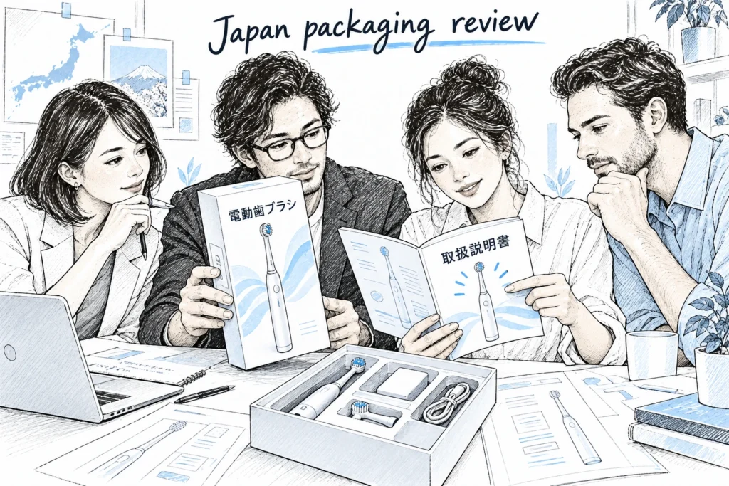 Concept illustration of a team reviewing electric-toothbrush packaging and Japanese-language instructions.