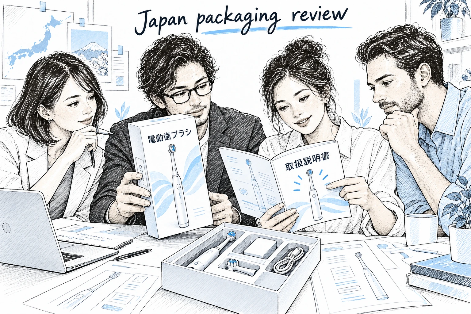 Een productteam beoordeelt een verpakking van een elektrische tandenborstel en een Japanstalig instructieboekje naast het productmonster.