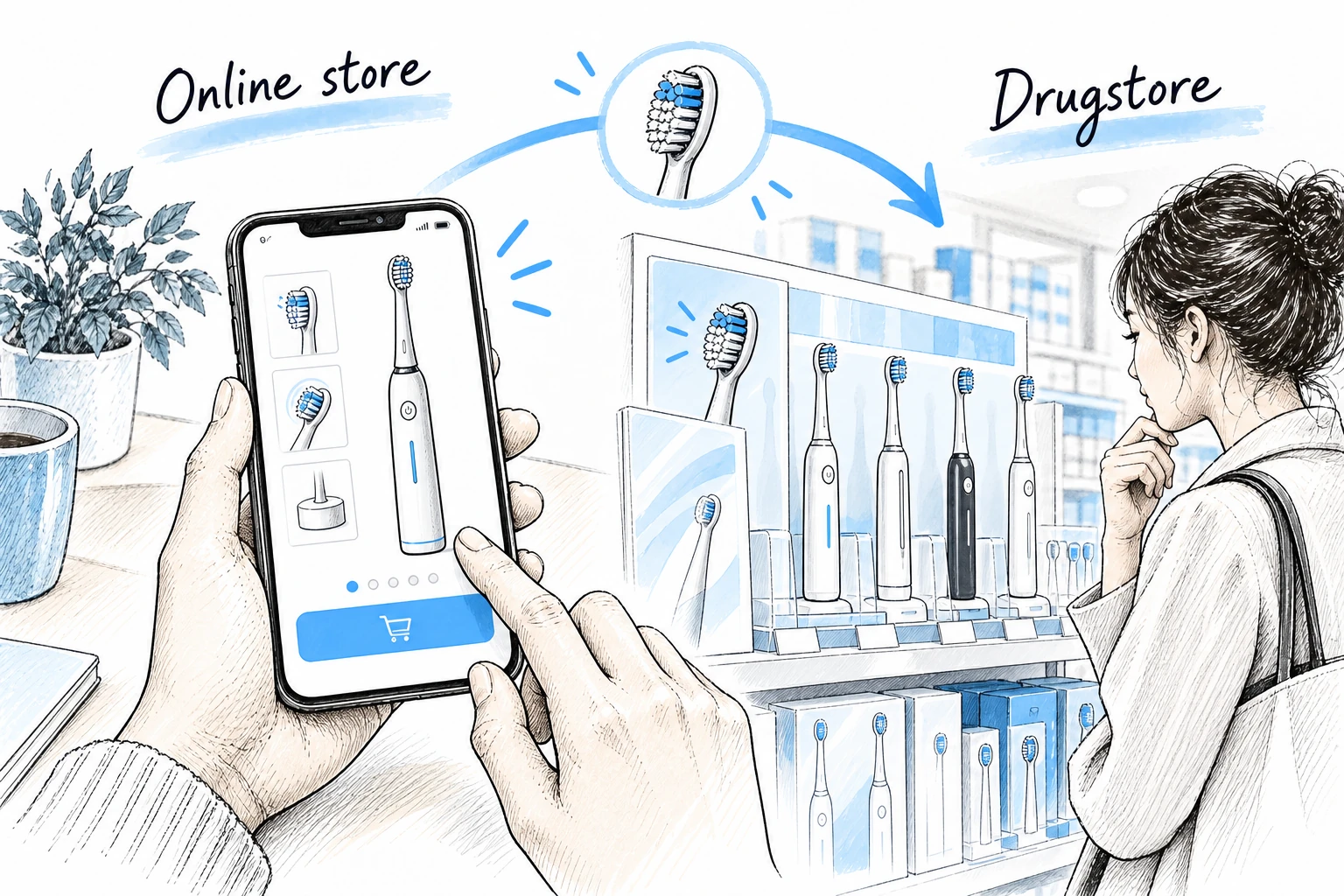 Conceptillustratie van een merk van elektrische tandenborstels die klanten bereikt via een online winkel en een Japanse drogisterijdisplay.