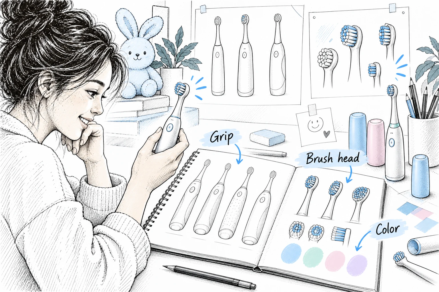 Illustration of a designer developing children's electric toothbrush shapes and color options at a worktable.