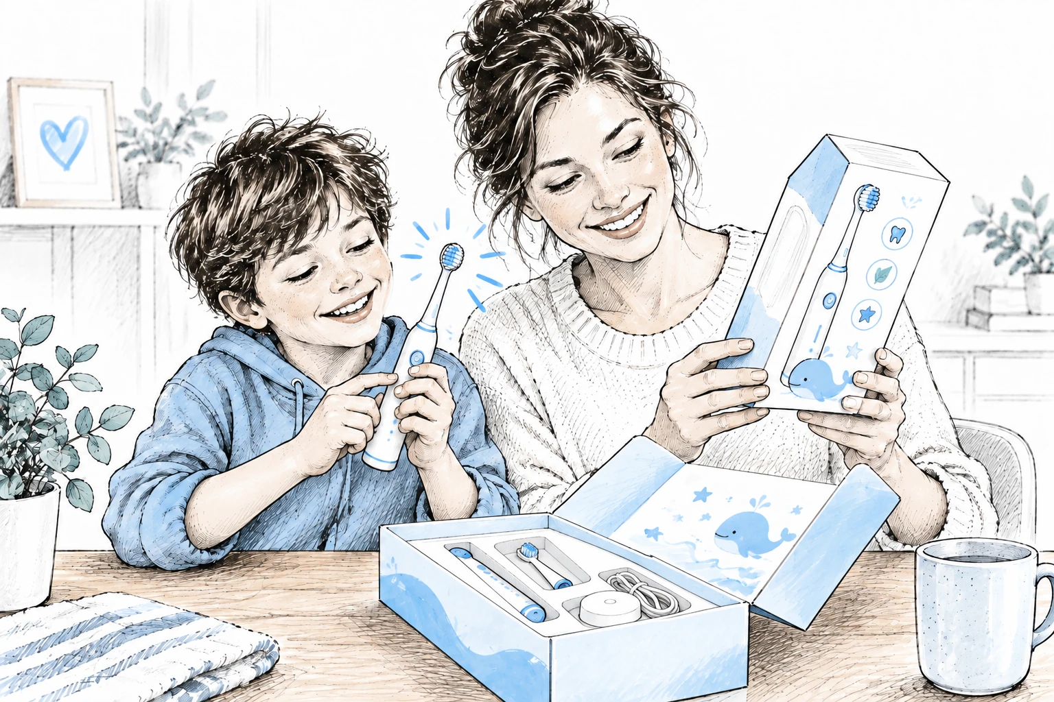Illustration of a parent and child exploring a children's electric toothbrush and its packaging together.
